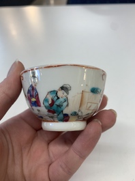 Eight Chinese Canton famille rose cups, 14 saucers and a teapot, Qianlong