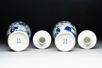 A Chinese blue and white garniture of four vases with figural design, Kangxi mark, 19th C.