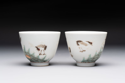 A pair of Chinese famille rose 'crane' cups and a 'dragon' brush pot, Guangxu mark, 20th C.