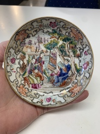 Eight Chinese Canton famille rose cups, 14 saucers and a teapot, Qianlong