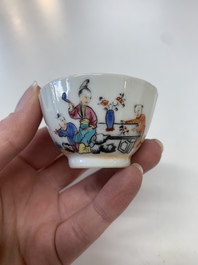 Eight Chinese Canton famille rose cups, 14 saucers and a teapot, Qianlong
