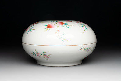 A fine Chinese famille rose 'eight peaches' box and cover, Qianlong mark, Republic