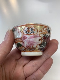 Eight Chinese Canton famille rose cups, 14 saucers and a teapot, Qianlong