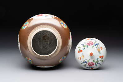 A Chinese famille rose capucin-brown-ground covered jar and a pair of beaker vases, Qianlong