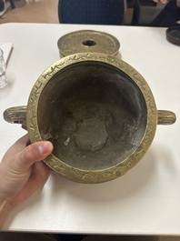 A large Chinese bronze 'Eight Immortals' censer and stand, Xuande mark, 19th C.