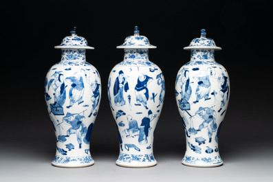 A Chinese blue and white garniture of four vases with figural design, Kangxi mark, 19th C.