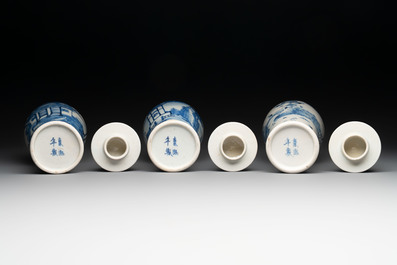 A Chinese blue and white garniture of five vases with landscape design, 19th C.