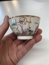 Eight Chinese Canton famille rose cups, 14 saucers and a teapot, Qianlong