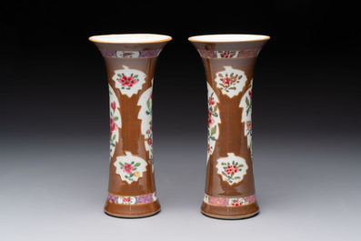 A Chinese famille rose capucin-brown-ground covered jar and a pair of beaker vases, Qianlong