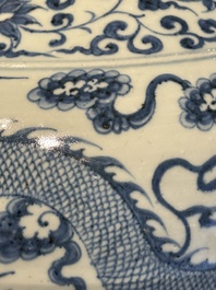 A fine Chinese blue and white 'dragon' vase with mythical-beast-shaped handles, probably Yuan