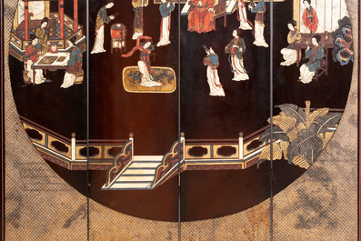 A Chinese coromandel lacquer four-panel folding screen with narrative and birds design, 20th C.