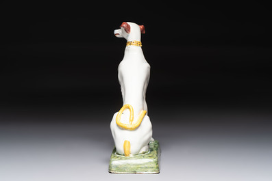 A polychrome Brussels faience greyhound, 18th C.