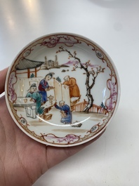 Eight Chinese Canton famille rose cups, 14 saucers and a teapot, Qianlong