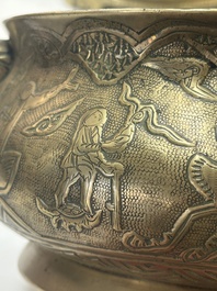 A large Chinese bronze 'Eight Immortals' censer and stand, Xuande mark, 19th C.