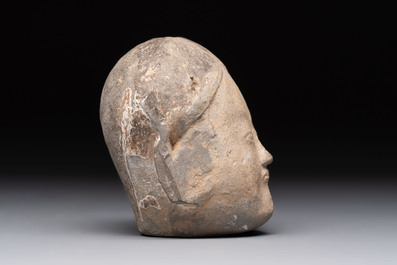 A Chinese cold painted terracotta head of a lady, Han