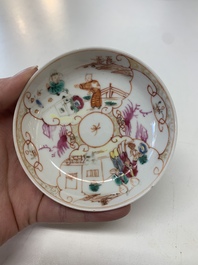 Eight Chinese Canton famille rose cups, 14 saucers and a teapot, Qianlong