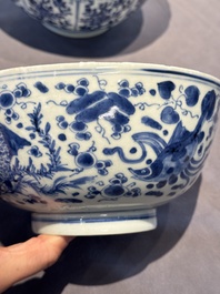 A Chinese blue and white 'floral 'bowl and an 'aquatic animals' bowl, Kangxi