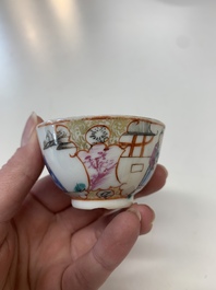 Eight Chinese Canton famille rose cups, 14 saucers and a teapot, Qianlong