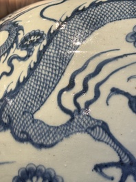 A fine Chinese blue and white 'dragon' vase with mythical-beast-shaped handles, probably Yuan