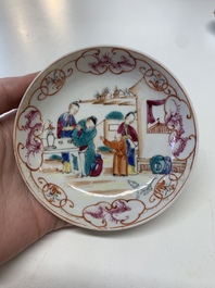 Eight Chinese Canton famille rose cups, 14 saucers and a teapot, Qianlong