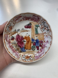 Eight Chinese Canton famille rose cups, 14 saucers and a teapot, Qianlong