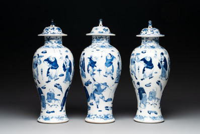 A Chinese blue and white garniture of four vases with figural design, Kangxi mark, 19th C.