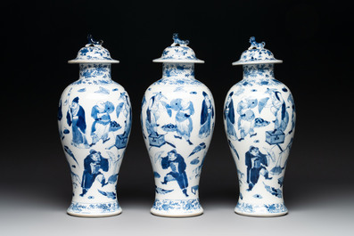 A Chinese blue and white garniture of four vases with figural design, Kangxi mark, 19th C.