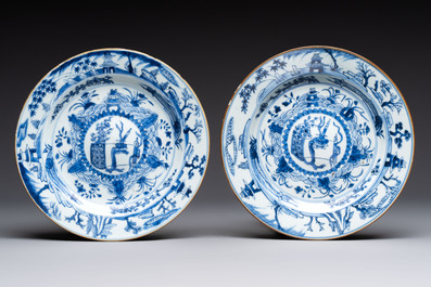 Five Chinese blue and white plates with raised central medallions, Kangxi/Yongzheng