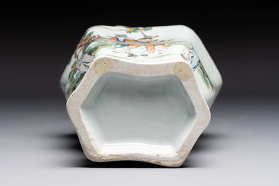 A Chinese qianjiang cai 'Wu Zi Deng Ke 五子登科' hexagonal vase, Republic, dated 1915