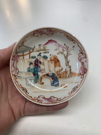 Eight Chinese Canton famille rose cups, 14 saucers and a teapot, Qianlong