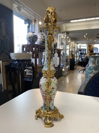 A pair of composed gilt bronze mounted Chinese famille rose 'tobacco leaf' vases, Qianlong