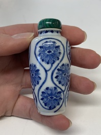 Four Chinese blue, white and copper-red snuff bottles, Yongzheng mark, 19th C.
