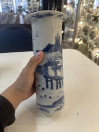 A Chinese blue and white garniture of five vases with river landscapes, 19th C.