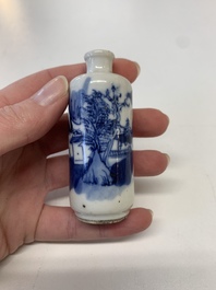 Four Chinese blue, white and copper-red snuff bottles, Yongzheng mark, 19th C.