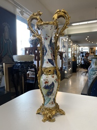A pair of composed gilt bronze mounted Chinese famille rose 'tobacco leaf' vases, Qianlong