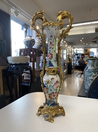 A pair of composed gilt bronze mounted Chinese famille rose 'tobacco leaf' vases, Qianlong