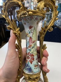 A pair of composed gilt bronze mounted Chinese famille rose 'tobacco leaf' vases, Qianlong