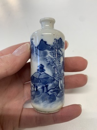 Four Chinese blue, white and copper-red snuff bottles, Yongzheng mark, 19th C.