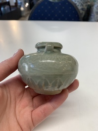 Eight Chinese Longquan celadon jarlets with floral design, Song/Yuan