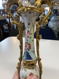A pair of composed gilt bronze mounted Chinese famille rose 'tobacco leaf' vases, Qianlong