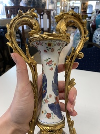 A pair of composed gilt bronze mounted Chinese famille rose 'tobacco leaf' vases, Qianlong