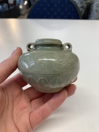 Eight Chinese Longquan celadon jarlets with floral design, Song/Yuan