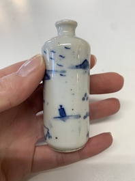 Four Chinese blue, white and copper-red snuff bottles, Yongzheng mark, 19th C.