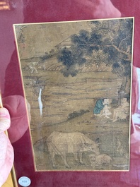 After Tang Yan 唐寅 (1470&mdash;1523): 'Buffalo and sage', ink and colour on silk, signed Liuru Jushi 六如居士, 18/19th C.