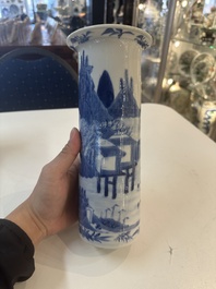 A Chinese blue and white garniture of five vases with river landscapes, 19th C.