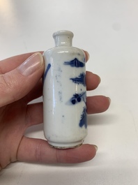 Four Chinese blue, white and copper-red snuff bottles, Yongzheng mark, 19th C.
