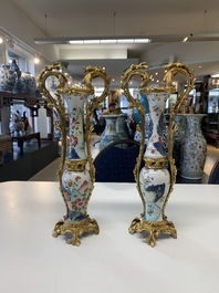A pair of composed gilt bronze mounted Chinese famille rose 'tobacco leaf' vases, Qianlong