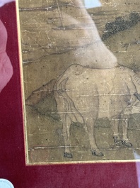 After Tang Yan 唐寅 (1470&mdash;1523): 'Buffalo and sage', ink and colour on silk, signed Liuru Jushi 六如居士, 18/19th C.