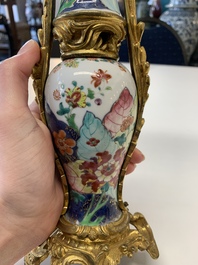 A pair of composed gilt bronze mounted Chinese famille rose 'tobacco leaf' vases, Qianlong