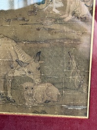 After Tang Yan 唐寅 (1470&mdash;1523): 'Buffalo and sage', ink and colour on silk, signed Liuru Jushi 六如居士, 18/19th C.